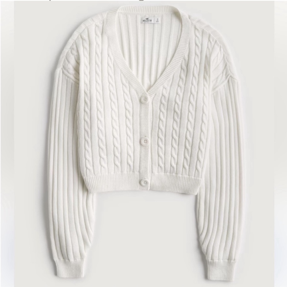 Hollister White Cropped Oversized Cable Knit Sweater size L XL